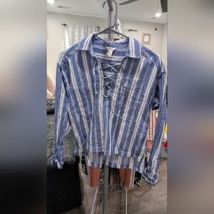 Forever 21 Blue Striped Lace-Up Women's Top